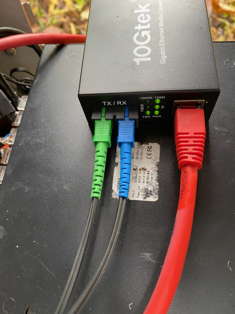 Close up of cables in fiber to Ethernet transcoder.